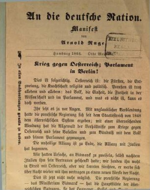 An die deutsche Nation : Manifest von Arnold Ruge