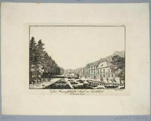 Der Freundschaftssaal am Flüsschen Tepl südlich der Franz-Josefs-Höhe in Karlsbad in Böhmen (heute Straße Slovenská an der Teplá in Karlovy Vary in Tschechien)