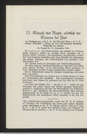 D. Kämpfe des Regts. nördlich der Somme bei Pys