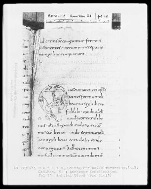 Institutio canonicorum concilii Aquisgranensis anno 816, Aachener Konzilsakten — Initiale Q(uod vero dicit), Folio 31recto