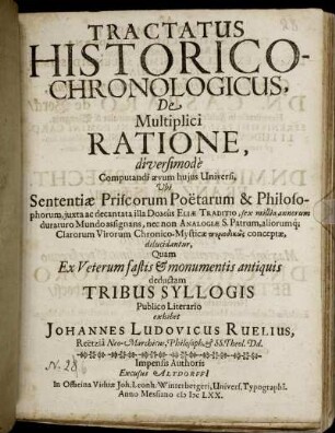 Tractatus Historico-Chronologicus, De Multiplici Ratione, diversimode Computandi aevum huius Universi, Ubi Sententiae Priscorum Poetarum & Philosophorum, iuxta ac decantata illa Domus Eliae Traditio, sex millia annorum duraturo Mundo assignans, nec non Analogiae S. Patrum, aliorumq[ue] Clarorum Virorum Chronico-Mysticae periodikōs conceptae, dilucidantur