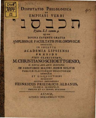 Disputatio Philologica De Emphasi Verbi teḵabbesēnî Psalm. LI. com. 9.