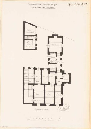 Villa, Gera Monatskonkurrenz April 1878: Grundriss Keller; Maßstabsleiste