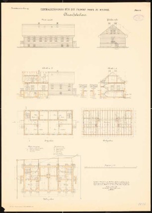Zentralgefängnis für die Provinz Posen, Wronke: Oberaufseherwohnhaus: Grundriss Keller, Erdgeschoss, Dachgeschoss, Aufriss Vorderansicht und Giebelansicht, Längsschnitt, Querschnitt 1:100
