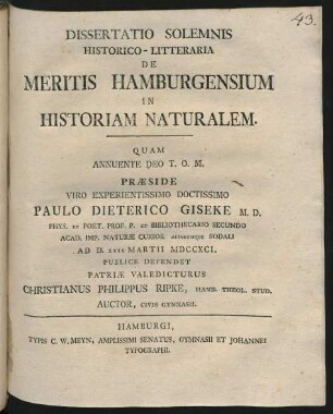 Dissertatio Solemnis Historico-Litteraria De Meritis Hamburgensium In Historiam Naturalem