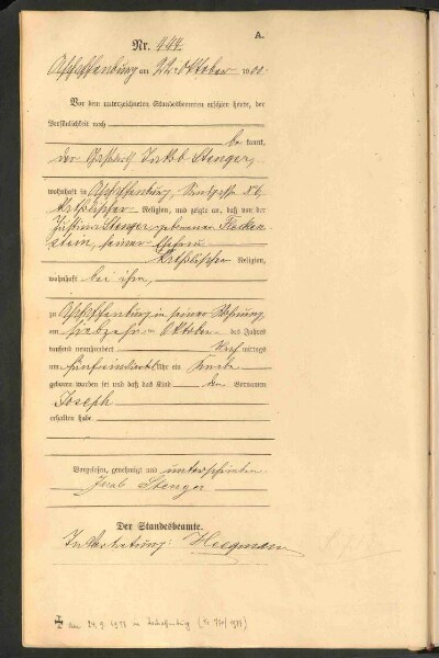 Standesamtsbuch der Stadt Aschaffenburg: Geburten 365/1900 - 184/1901