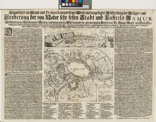 Eigentlicher im Grund und Prospect entworffener Abriß/ mit beygefügter Beschreibung der Beläger- und Eroberung der von Natur sehr festen Stadt und Casteels Namur : Nebst ihren neuen Fortifications-Wercken ...; sampt dem daraus geschehenen Canoniren ... biß endlich/ ... so wohl die Stadt als Casteel ... durch Accord den 22. Augusti alten/ oder 1 Sept. neuen Styli, sich zu übergeben gezwungen worden