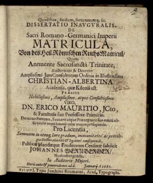 Dissertatio Inauguralis, De Sacri Romano-Germanici Imperii Matricula