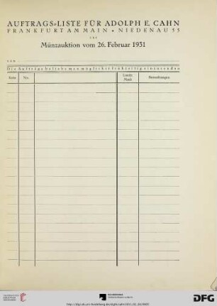 Auftragsliste für Adolph E. Cahn