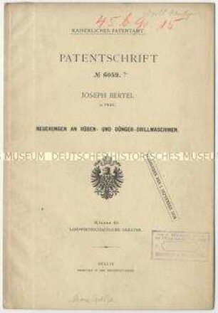 Patentschrift über Neuerungen an Rüben- und Dünger-Drillmaschinen, Patent-Nr. 6059