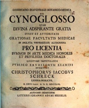 Dissertatio Inavgvralis Botanico-Medica De Cynoglosso
