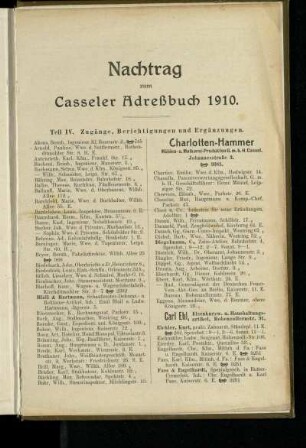 Nachtrag zum Casseler Adreßbuch 1910