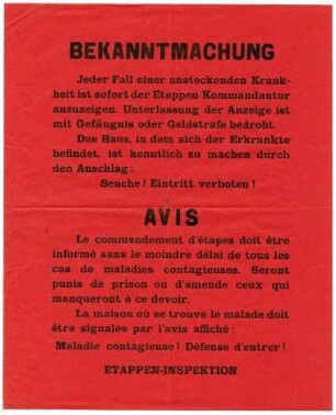 "Bekanntmachung." Meldepflicht für ansteckende Krankheiten