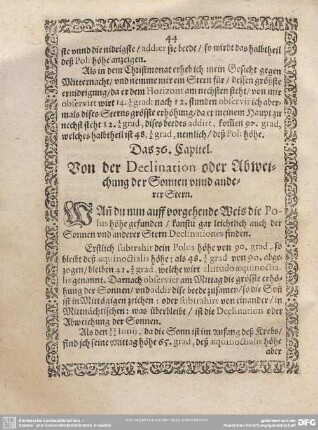 Das 36. Capitel. Von der Declination oder Abweichung der Sonnen unnd anderer Stern.