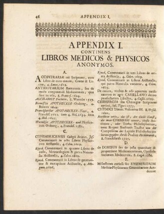 Appendix I. Continens Libros Medicos & Physicos Anonymos