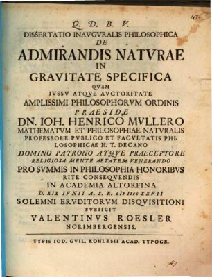 Dissertatio Inavgvralis Philosophica De Admirandis Natvrae In Gravitate Specifica