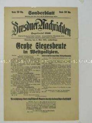 Nachrichtenblatt der Tageszeitung "Dresdner Nachrichten" u.a. über Erfolge der Österreicher in Galizien