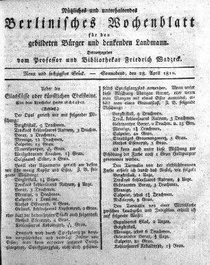 Neun und sechzigstes Stueck, Sonnabend, den 28. April 1810.
