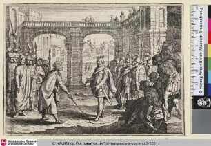 [Konsul C. Popilius Laenas warnt König Antiochus IV. Epiphanes davor, einen Krieg zu beginnen]