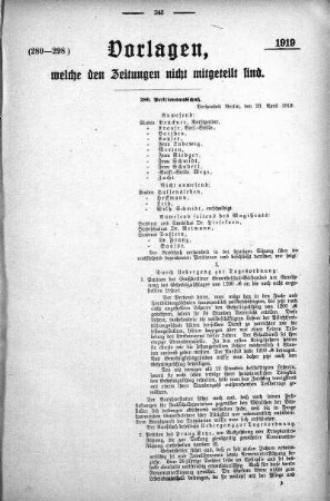 Anlage: (280-298), Vorlagen, welche den Zeitungen nicht mitgeteilt sind, 3. Mai 1919