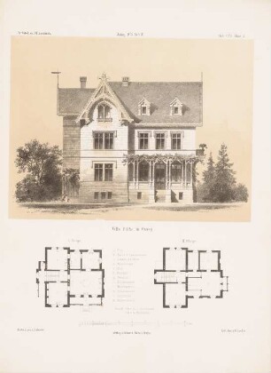 Villa Rziha, Ossegg: Grundrisse, Ansicht (aus: Architektonisches Skizzenbuch, H.121/4, 1873)