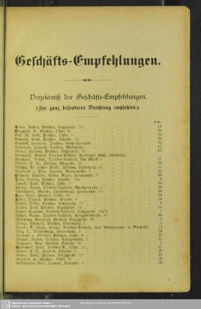 Verzeichniß der Geschäfts-Empfehlungen