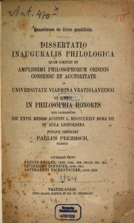 Quaestiones de libris pontificiis : Dissertatio inauguralis philologica, quam scripsit ... Paulus Preibisch