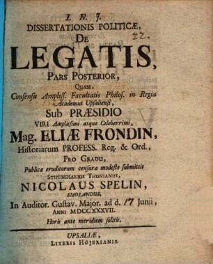 Diss. pol. de legatis : pars posterior