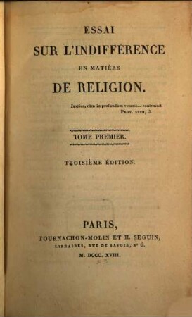 Essai sur l'indifférence en matière de religion, 1