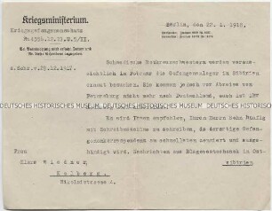 Schreiben des preußischen Kriegsministeriums an die Mutter eines deutschen Offiziers in sowjetischer Kriegsgefangenschaft über dessen Verbleib
