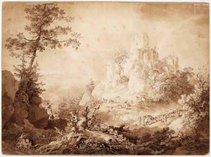 Die Burgruine Frauenstein im Erzgebirge von Nordwesten mit Jägern, Holzfuhrleuten und Viehherde, im Hintergrund die Friedhofskapelle (ältestes Gebäude in Frauenstein von 1384)