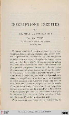 Sér. 3: Inscriptions inédites de la province de Constantine