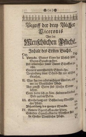 Begriff der drey Bücher Ciceronis Von der Menschlichen Pflicht.