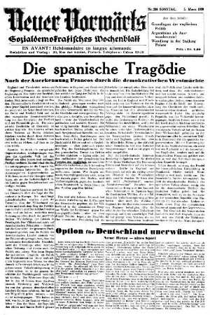 Neuer Vorwärts : sozialdemokratisches Wochenblatt = Nouvel "En avant!" : journal antihitlerien ; journal social-démocrate destiné aux réfugiés de langue allemande