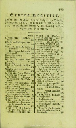 Erstes Register. Ueber die im XV. (neuer Folge II.) Bande, Jahrgang 1837, abgedruckten Abhandlungen, angezeigten Bücher, literarischen Notizen und Miscellen