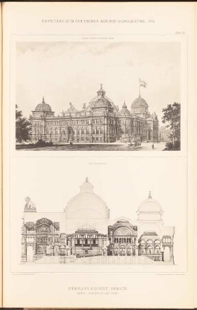 Reichstag, Berlin Zweiter Wettbewerb: Perspektivische Ansicht vom Brandenburger Tor, Querschnitt (aus: Sammelmappe hervorragender Konkurrenzentwürfe H. 6, hrsg.v. K.E.O. Fritsch, 1883)