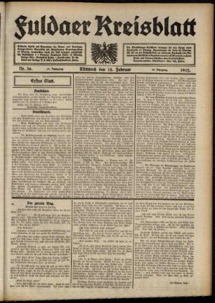 Erste Ausgabe vom Mittwoch, den 14. Februar 1912.