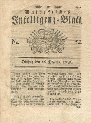 No. 52, Dinstag den 26. Decemb. 1786