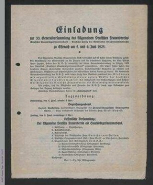 Einladung zur 33. Generalversammlung des ADF 1925 in Eisenach