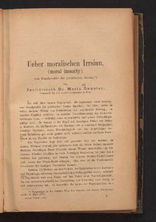 Ueber moralischen Irrsinn (moral insanity) vom Standpunkte des praktischen Arztes