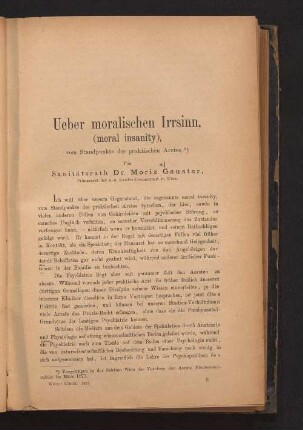Ueber moralischen Irrsinn (moral insanity) vom Standpunkte des praktischen Arztes