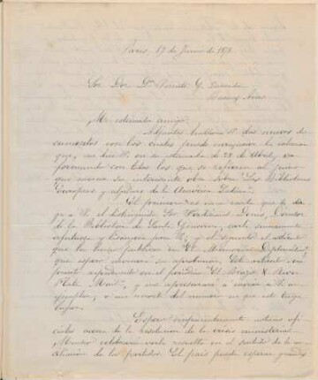 [Carta de Mariano Balcarce a Vicente Quesada en español, París, 19 de junio de 1878]