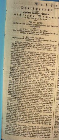 Ankündigung. Deutschlands und der einzelnen deutschen Staaten wichtigste Momente in den dreißig Jahren von 1791 - 1821.