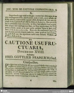 De Cautione Usufructuaria, Discursus XVIII. Defendens Frid. Gottlieb Fraislich, Ged.