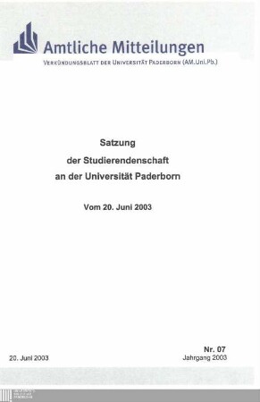 Satzung der Studierendenschaft an der Universität Paderborn : vom 20. Juni 2003