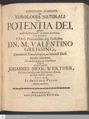 Exercitatio Academica Ex Theologia Naturali De Potentia Dei