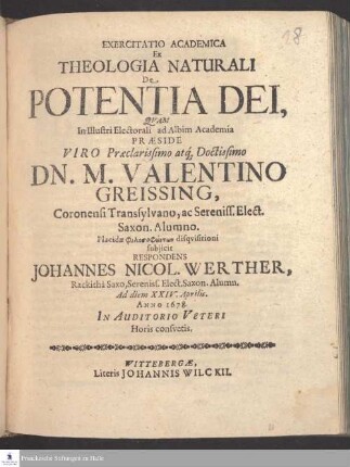 Exercitatio Academica Ex Theologia Naturali De Potentia Dei