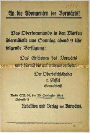 Maueranschlag des Vorwärts-Verlages zum Verbot des Parteiorgans der SPD
