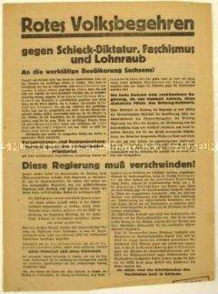 Flugblatt der KPD gegen die SPD und Aufruf zur Teilnahme am Volksbegehren zur Auflösung des sächsischen Landtags 1931