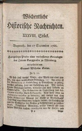 XXXVIII. Stück. Bayreuth, den 17. September 1766.